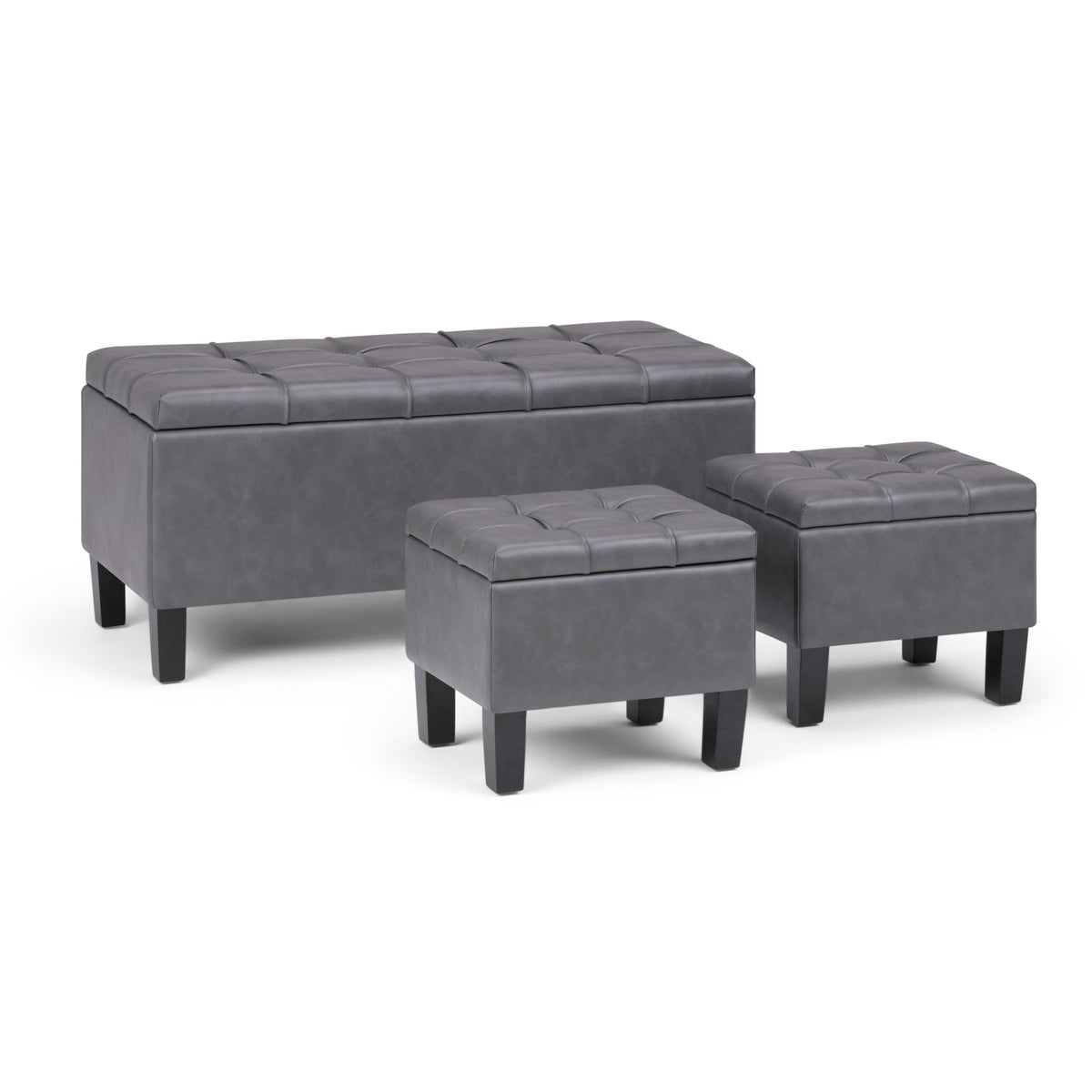 3-piece storage ottoman set in dark gray faux leather with tufted top and hinged lids