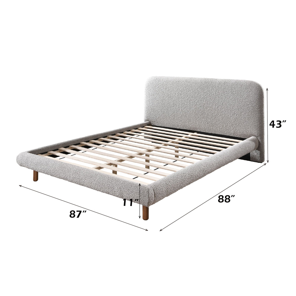 Gray upholstered bed frame with headboard, slatted platform base, and wooden legs