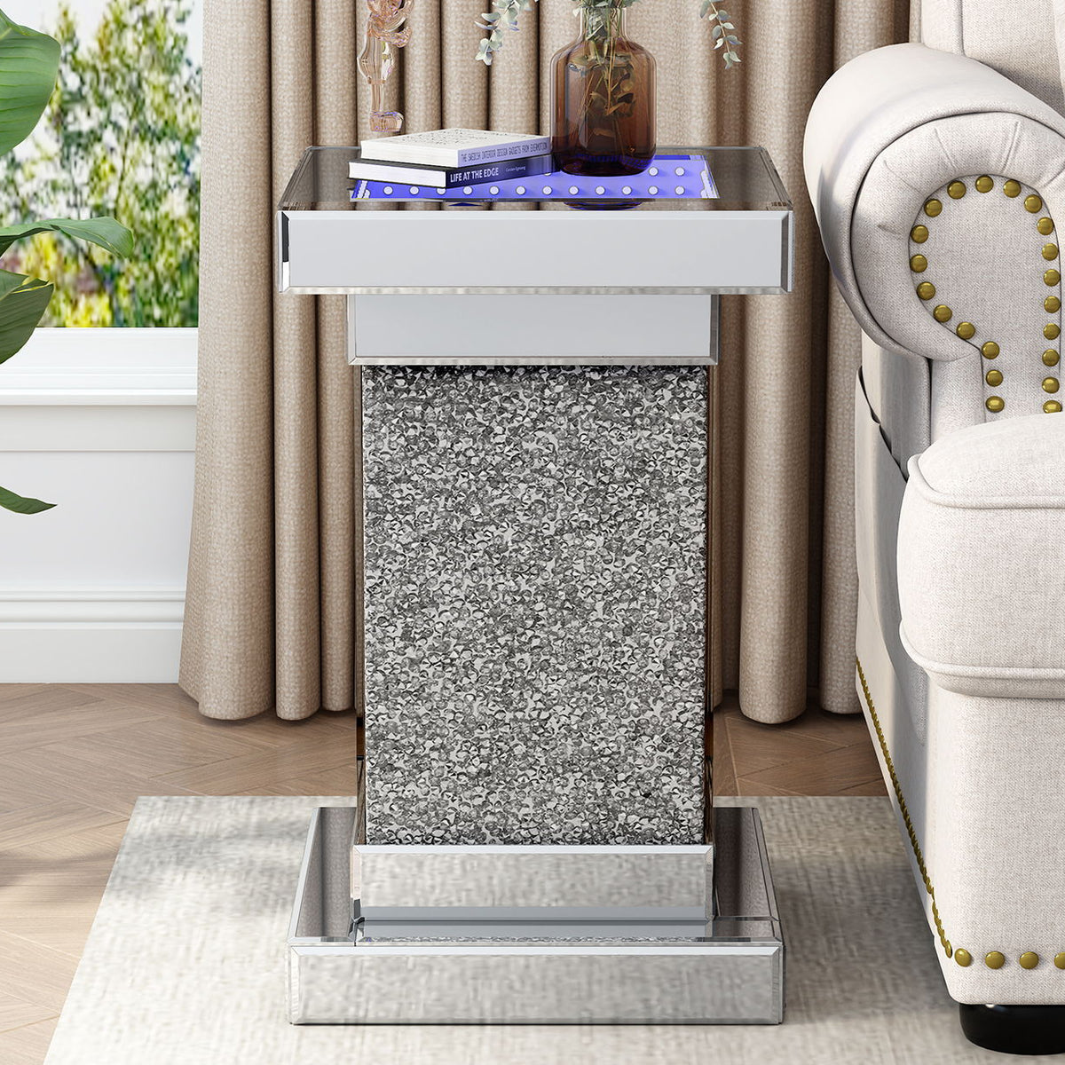Square Mirrored End Table With Led Lights, Modern Side Table With Crystal Inlay For Living Room