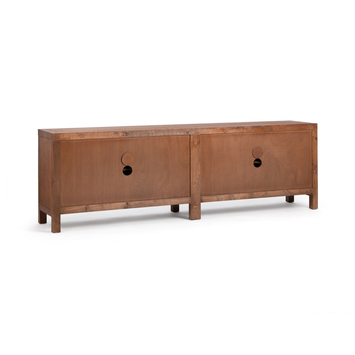 Brown sideboard with two cabinet fronts and round knobs, on tapered legs