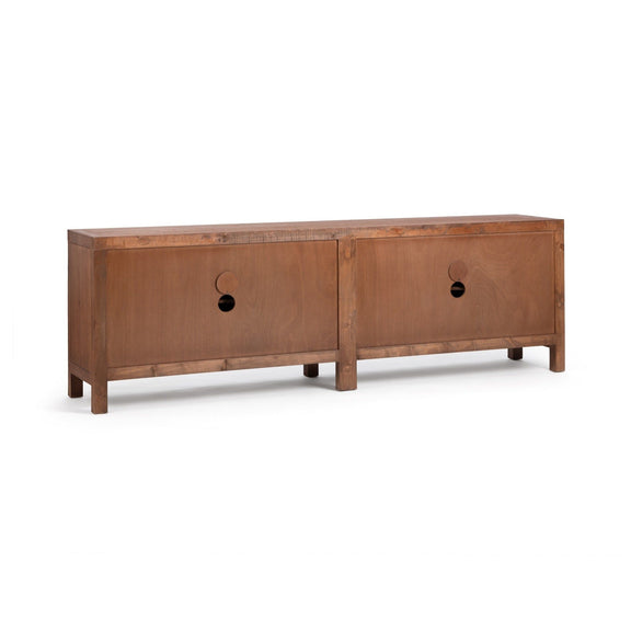 Brown sideboard with two cabinet fronts and round knobs, on tapered legs