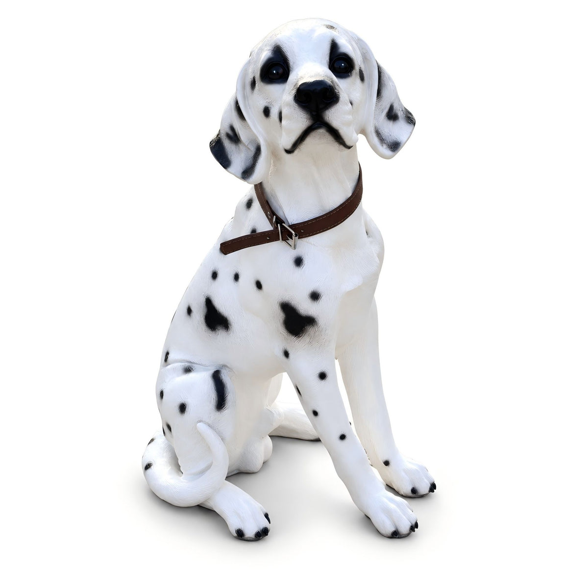 Sitting Dalmatian dog statue with black spots, white finish, and brown collar