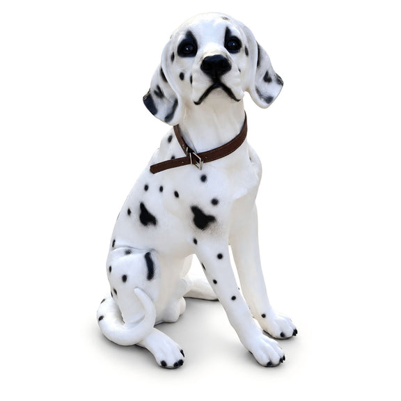 Sitting Dalmatian dog statue with black spots, white finish, and brown collar