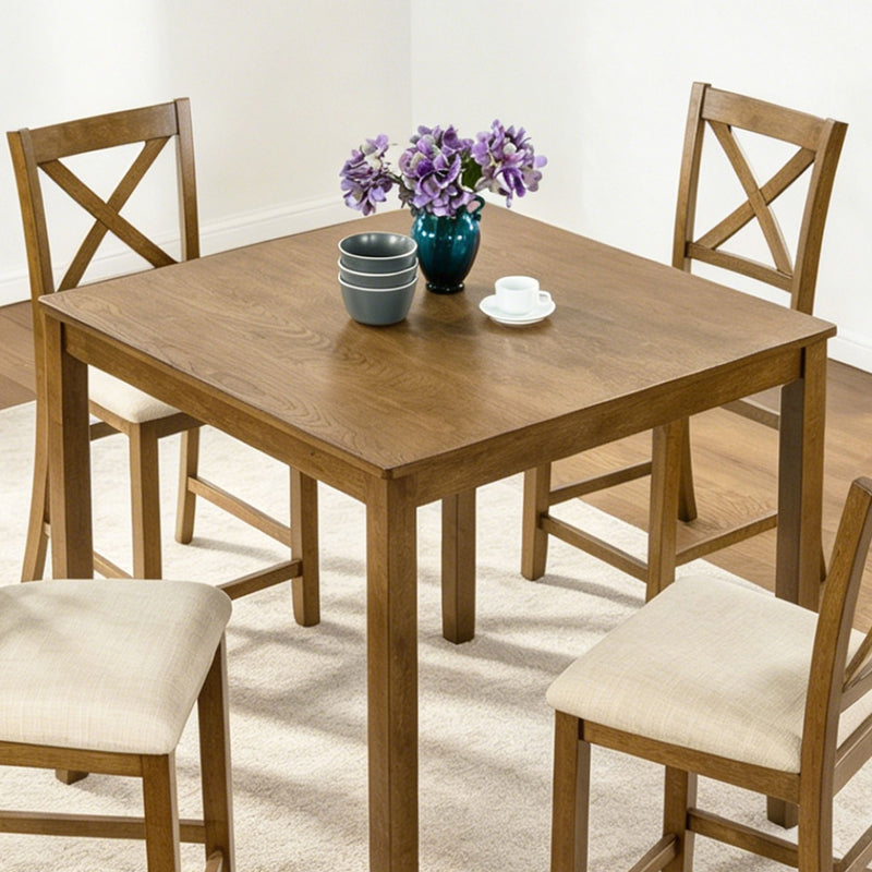 Square oak counter-height dining table with four legs and smooth tabletop