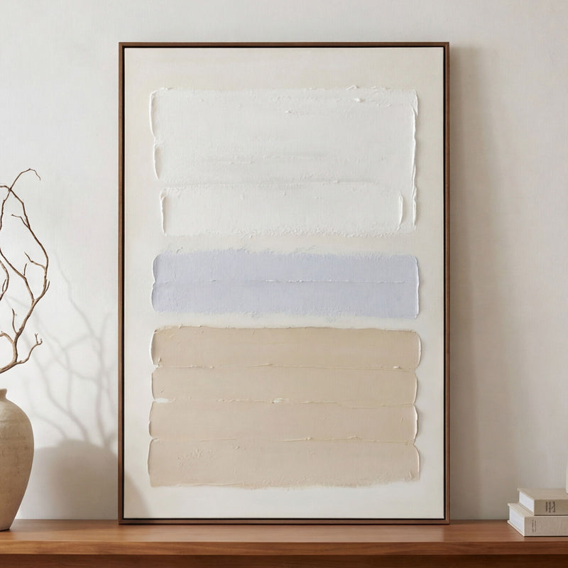 Framed abstract wall painting with textured bands in white, light gray, and beige
