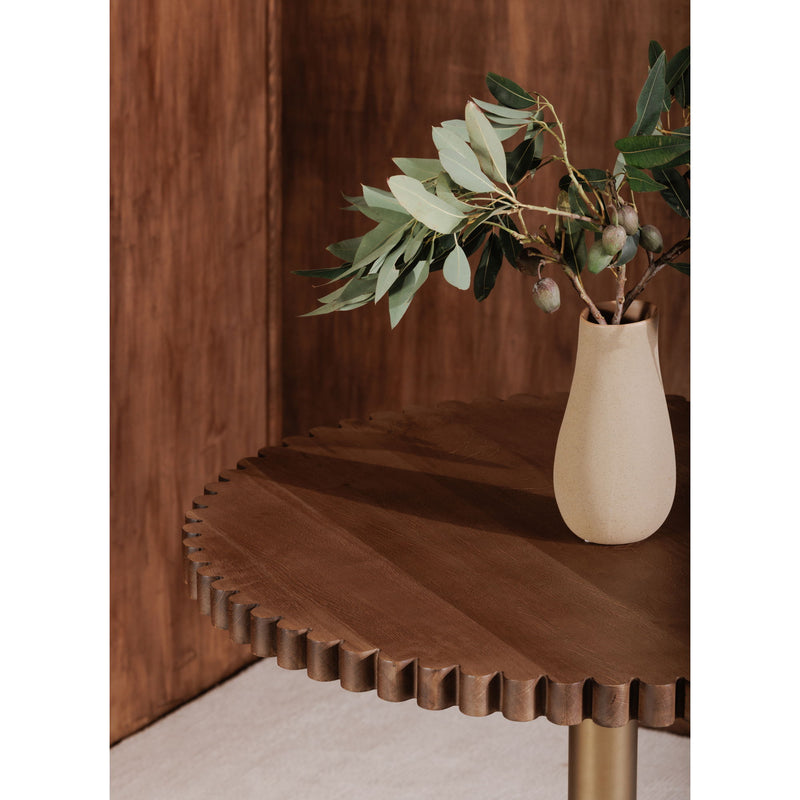 Round cafe table with dark brown scalloped edge and gold pedestal base