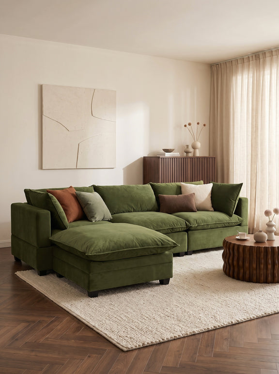 Olive green modular sectional sofa with chaise and accent pillows