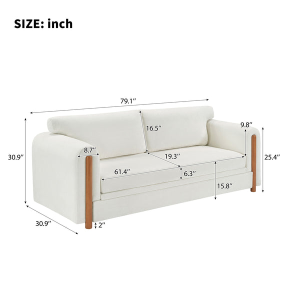 3-seater upholstered couch in light beige with size diagram over the seat