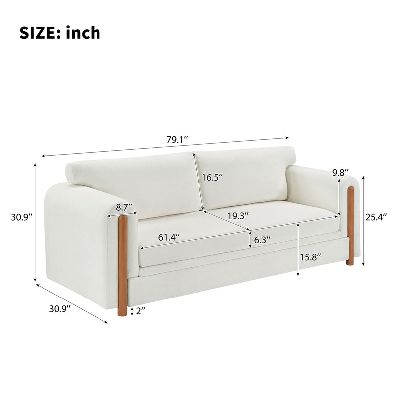 3-seater upholstered couch in light beige with size diagram over the seat