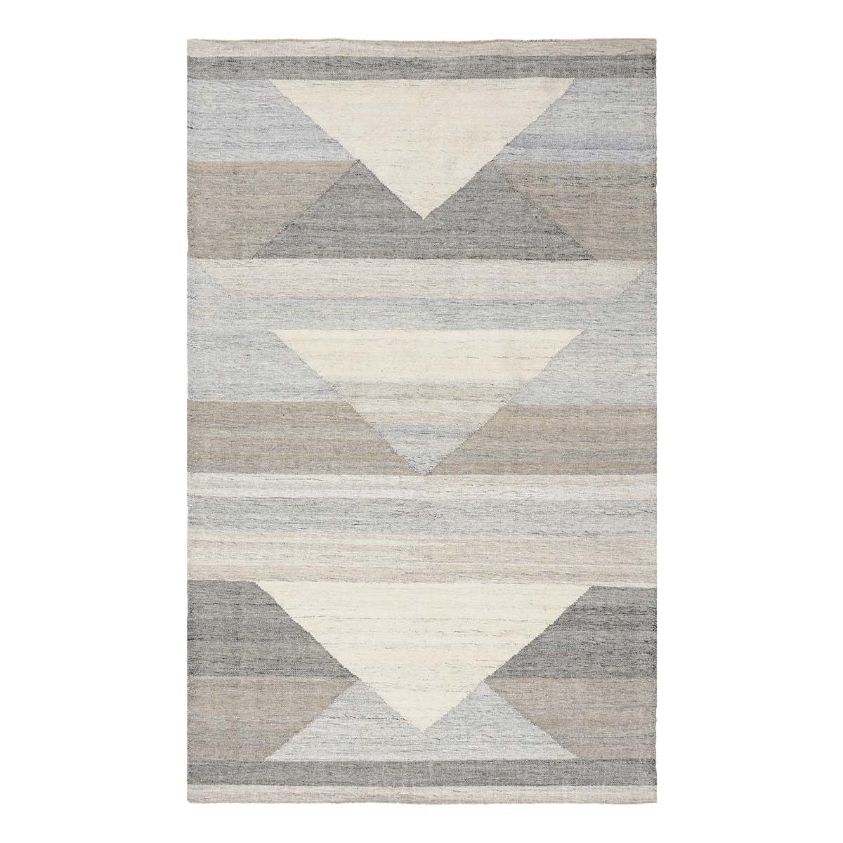 Gray indoor/outdoor rug with cream V-shape bands and charcoal corner triangles