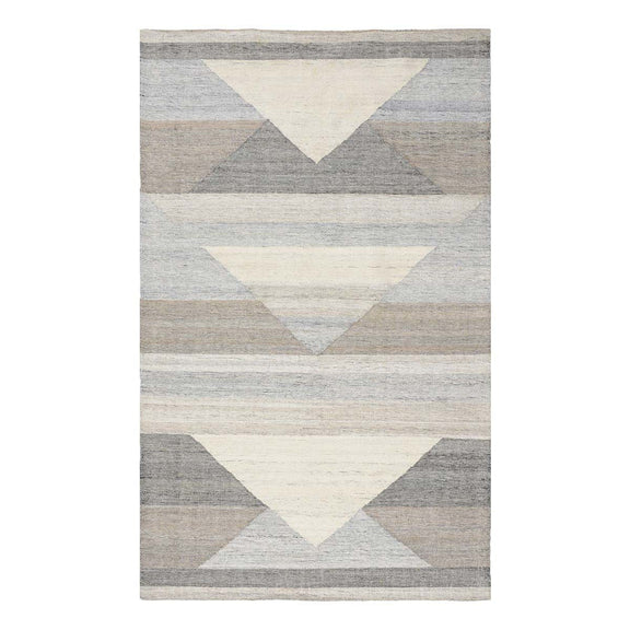 Gray indoor/outdoor rug with cream V-shape bands and charcoal corner triangles