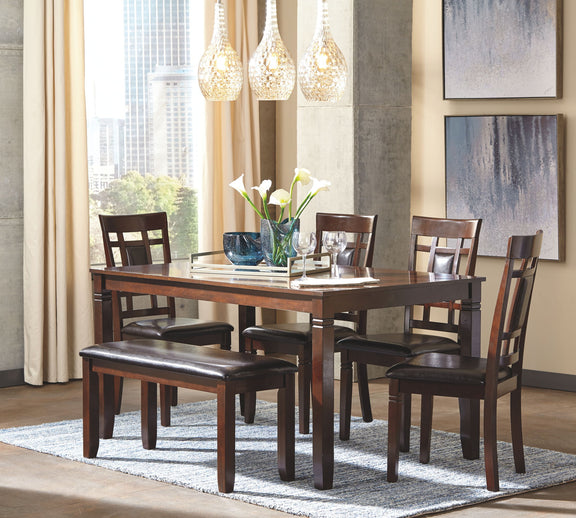 Brown dining room table set with 6 chairs, cushioned benches, and glass tabletop
