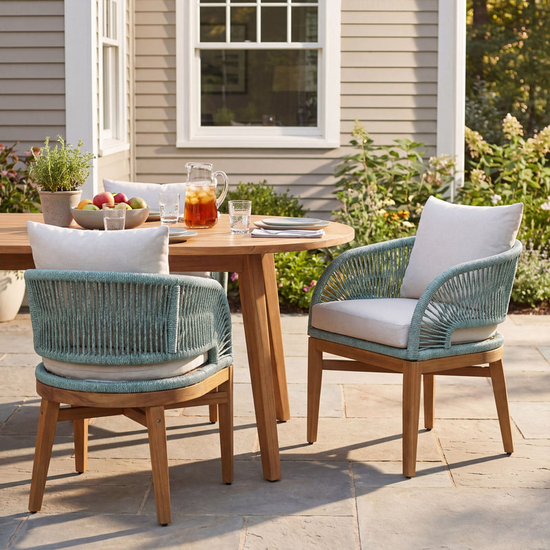 Outdoor dining chair with teal woven back and arms, white seat cushion, light wood frame