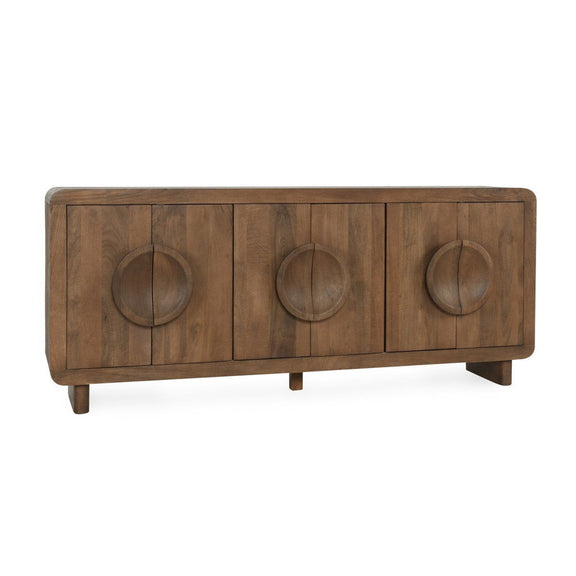 Wood buffet cabinet with 6 doors, round pulls, and curved top in artisan brown