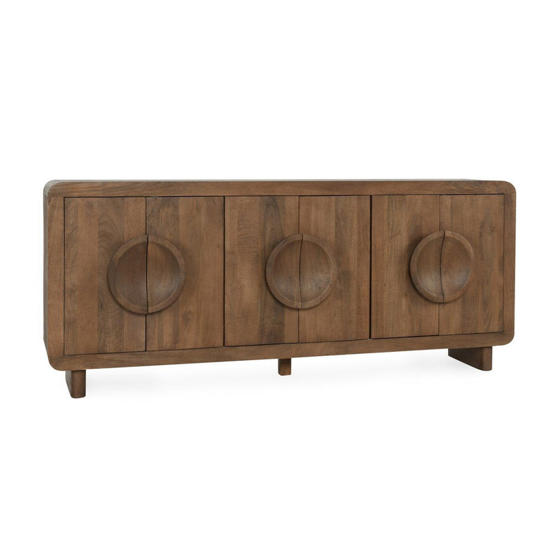 Wood buffet cabinet with 6 doors, round pulls, and curved top in artisan brown