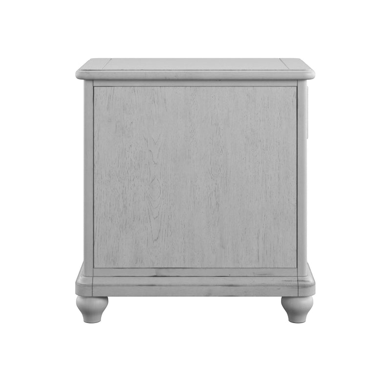 Gray square chairside table cabinet with flat top and turned legs