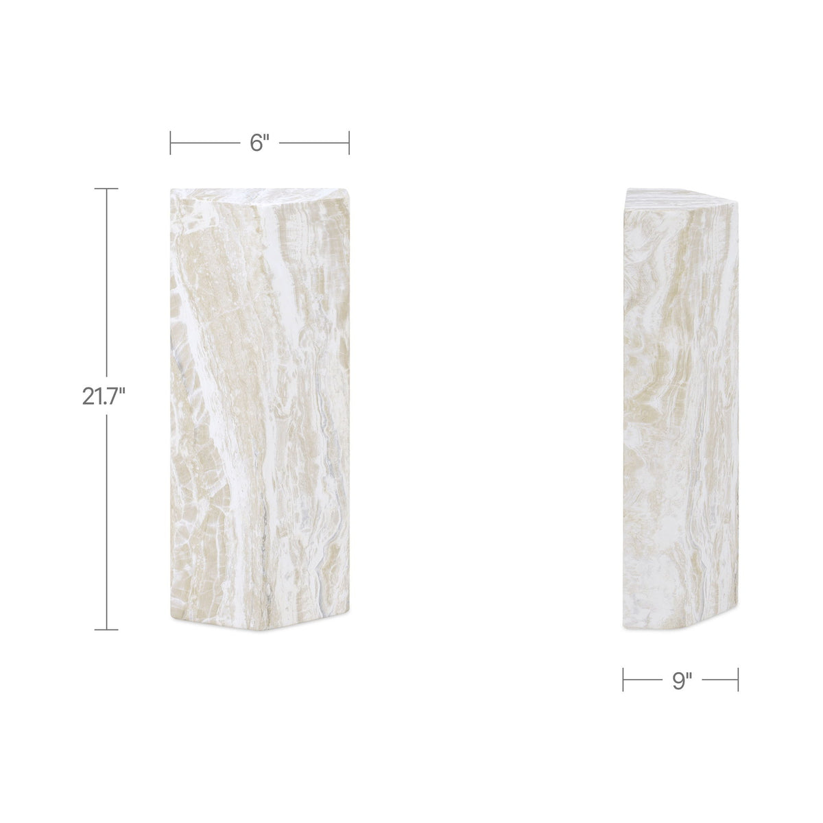 Cream outdoor side table with veined stone look, 6 in x 21.7 in