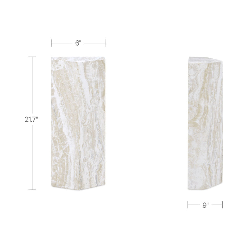 Cream outdoor side table with veined stone look, 6 in x 21.7 in