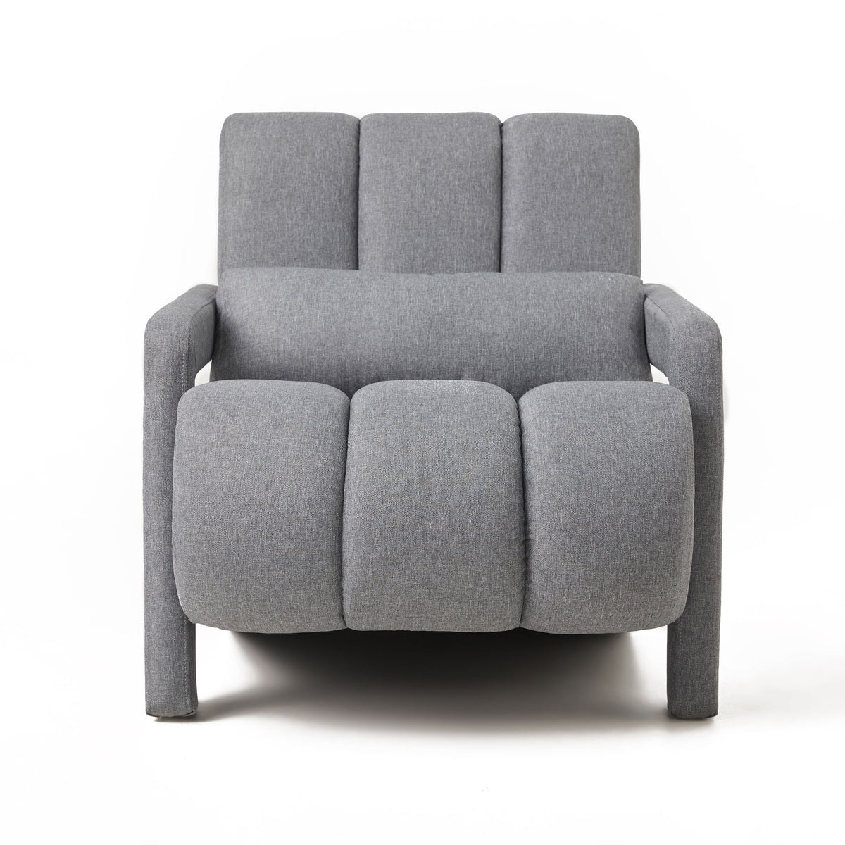Dark gray upholstered accent chair with tufted seat cushions and three back panels