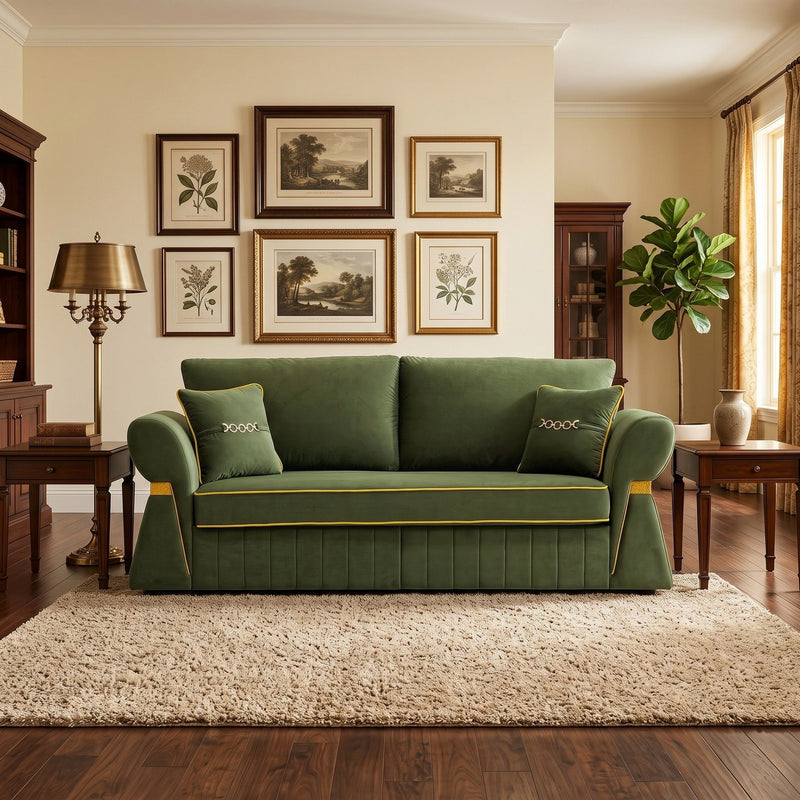 Dark green three-seat sofa with two cushions, shown from the front