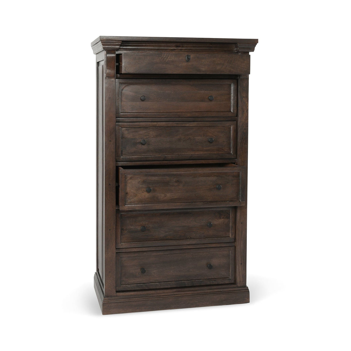Wood six-drawer chest front view, distressed cocoa brown drawers with metal knobs