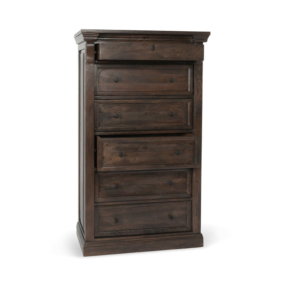 Wood six-drawer chest front view, distressed cocoa brown drawers with metal knobs