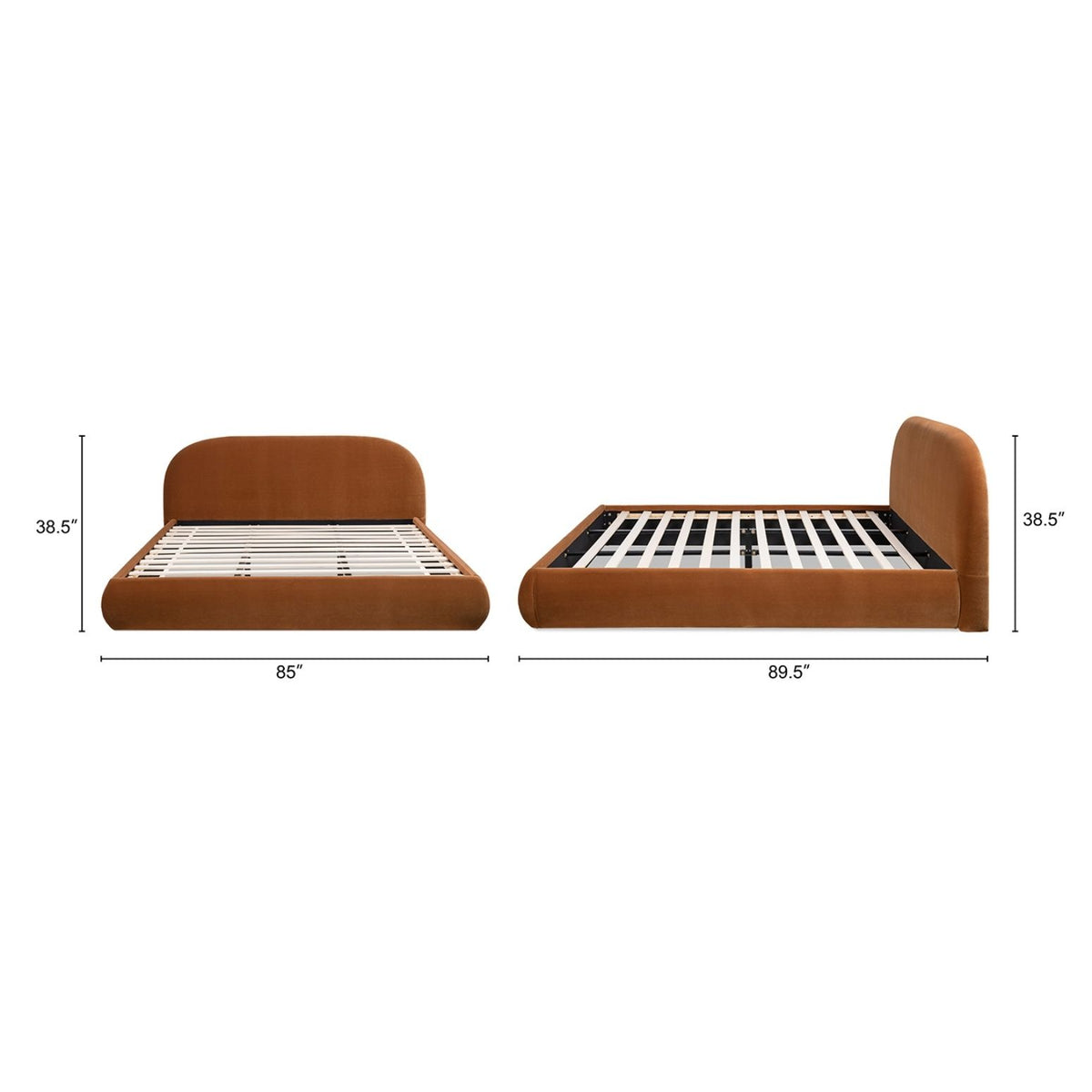 Brown upholstered platform bed shown from two angles with slatted base