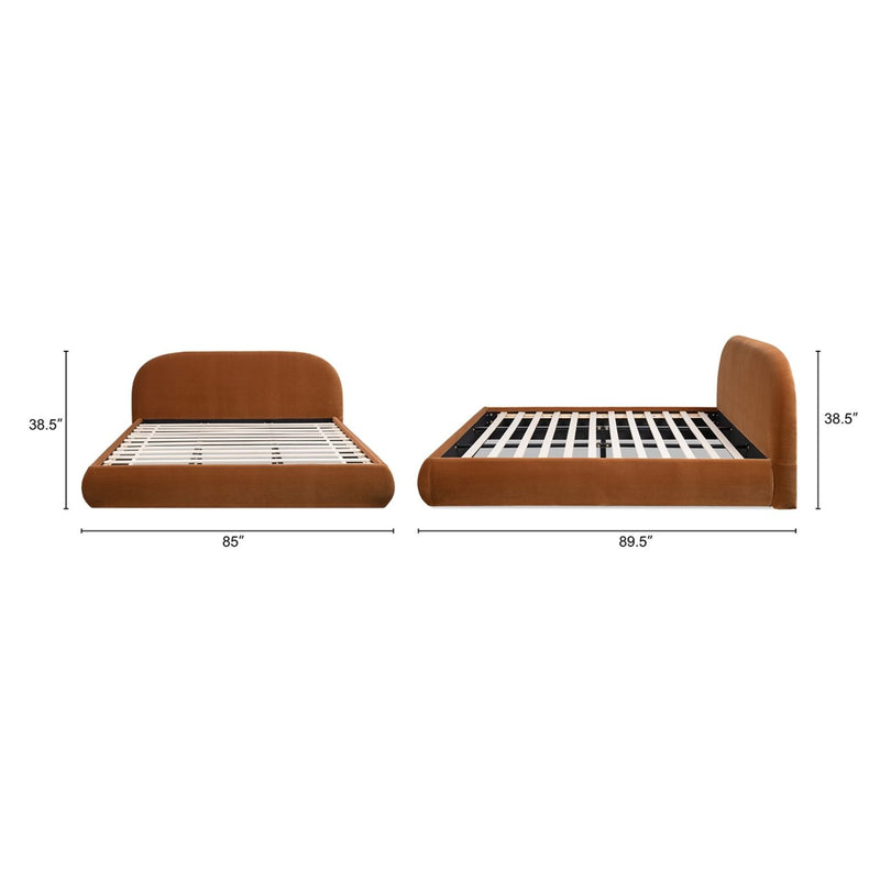 Brown upholstered platform bed shown from two angles with slatted base