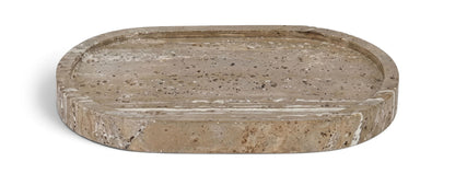 Gray round travertine tray with smooth top rim and speckled surface