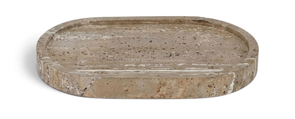 Gray round travertine tray with smooth top rim and speckled surface