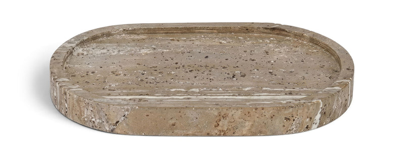 Gray round travertine tray with smooth top rim and speckled surface
