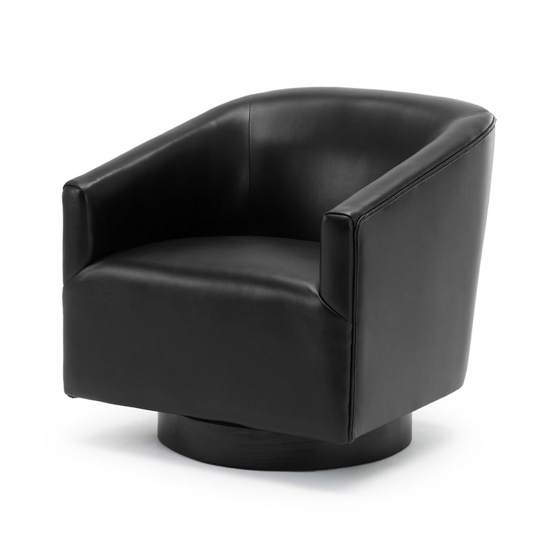 Black faux leather swivel accent chair with rounded arms and dark circular base