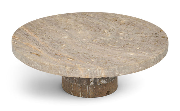 Round genuine travertine tray with gray stone top and pedestal base