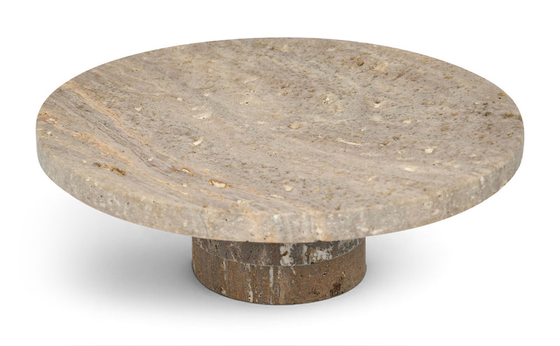 Round genuine travertine tray with gray stone top and pedestal base