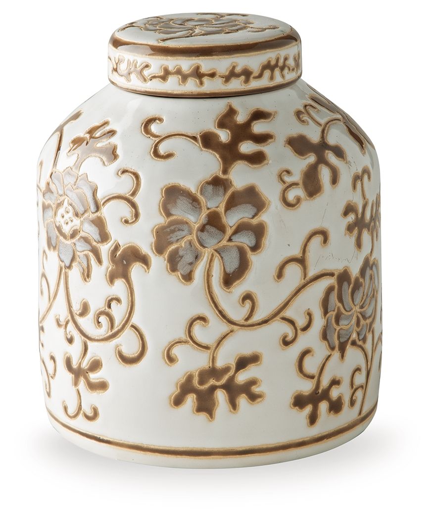 Cream decorative jar with brown floral scrollwork and matching patterned lid