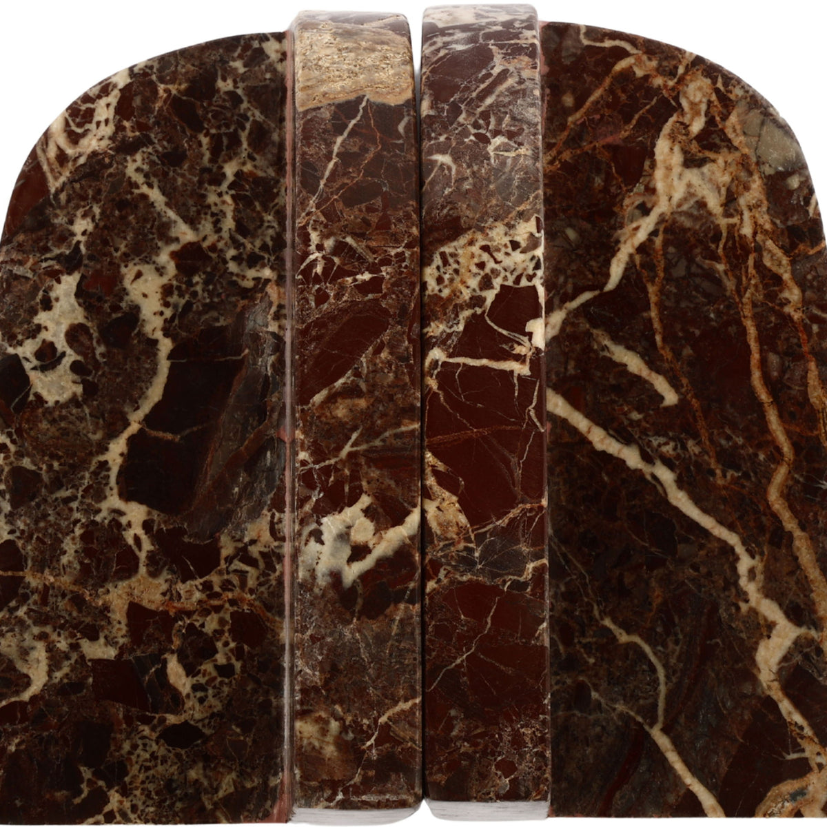 Brown marble bookends with bold swirled veining, arched fronts, close-up view