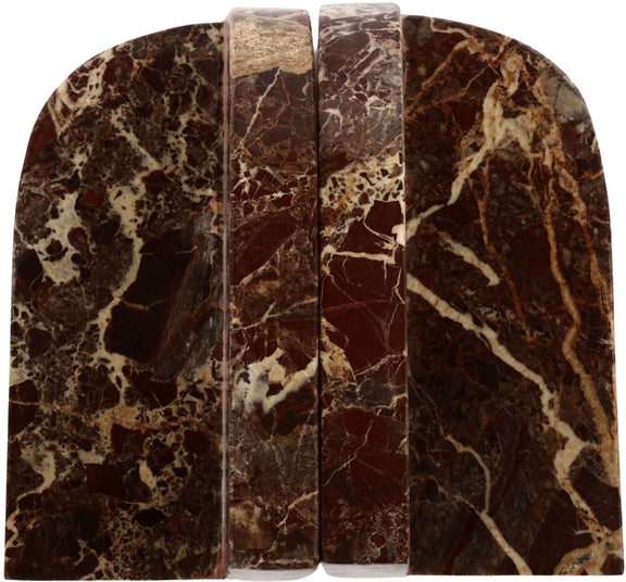 Brown marble bookends with bold swirled veining, arched fronts, close-up view