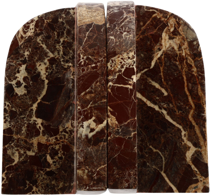 Brown marble bookends with bold swirled veining, arched fronts, close-up view