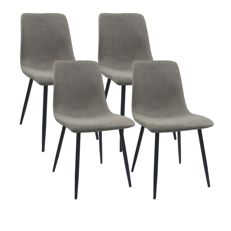 Dark gray upholstered dining chair set, padded seat and curved back, black metal legs