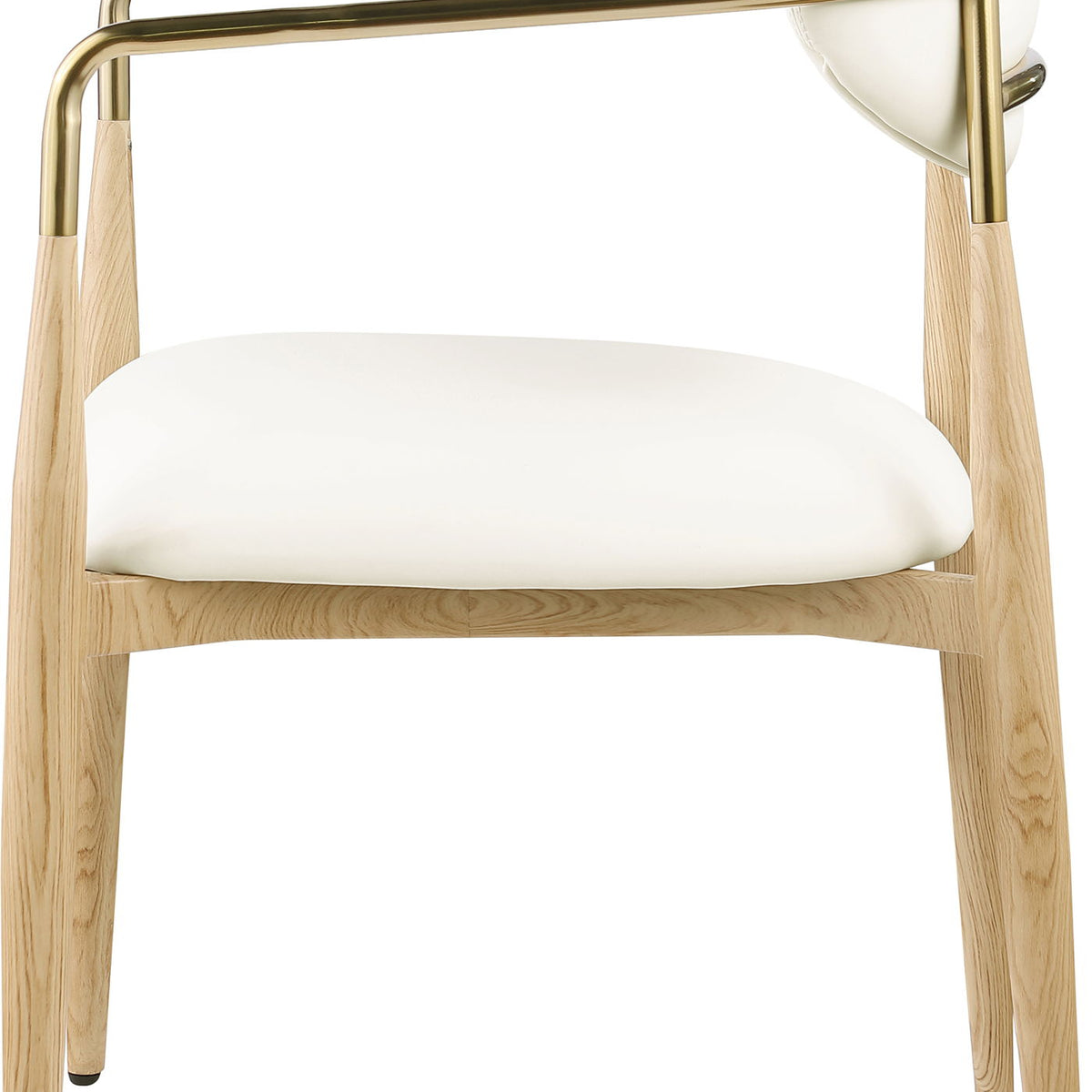 Dining arm chair in white with gold-tone arm supports and light wood legs