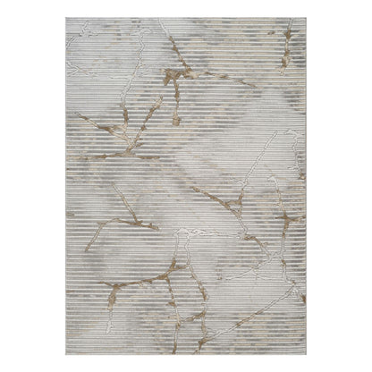 Gray geometric area rug with raised 3D lines and gold-toned pattern