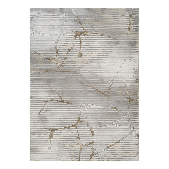 Gray geometric area rug with raised 3D lines and gold-toned pattern