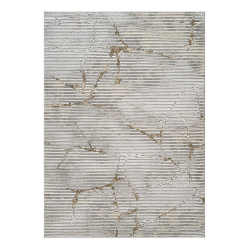 Gray geometric area rug with raised 3D lines and gold-toned pattern