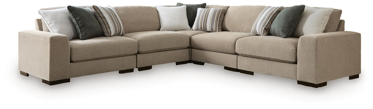 Dune beige 5-piece sectional sofa with gray and striped throw pillows