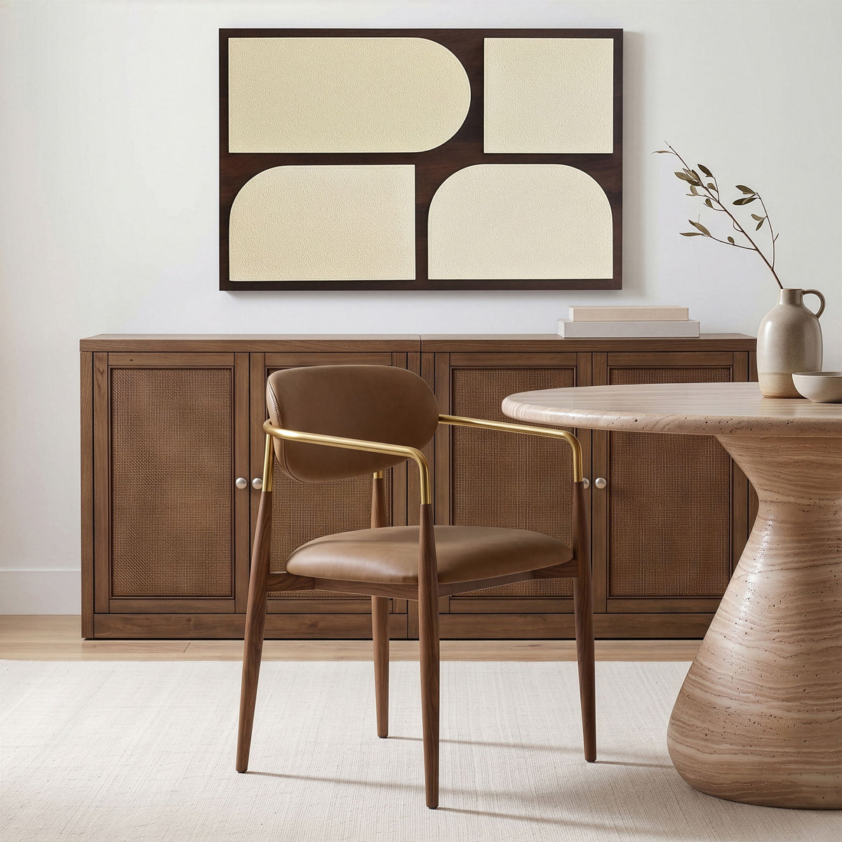 Brown upholstered dining arm chair with gold frame and walnut legs