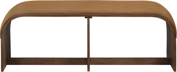 Saddle velvet upholstered bench front view with padded top and vertical support