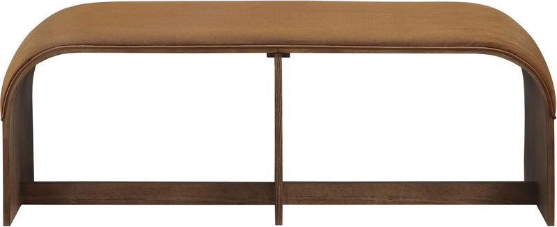 Saddle velvet upholstered bench front view with padded top and vertical support