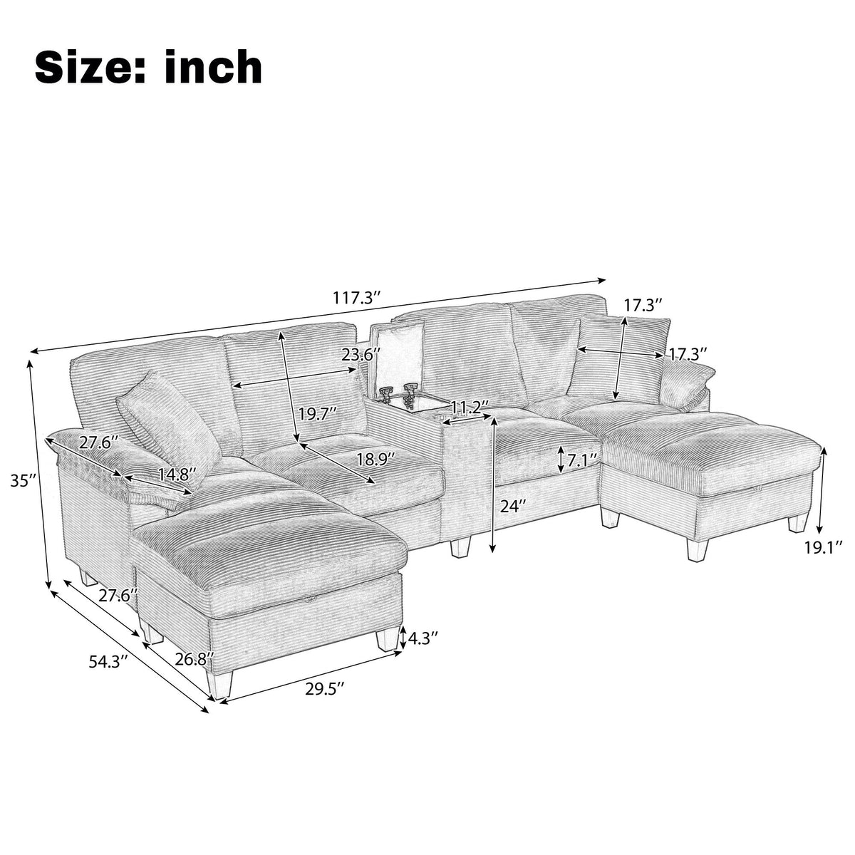 U-shaped sectional sofa size diagram with labeled measurements