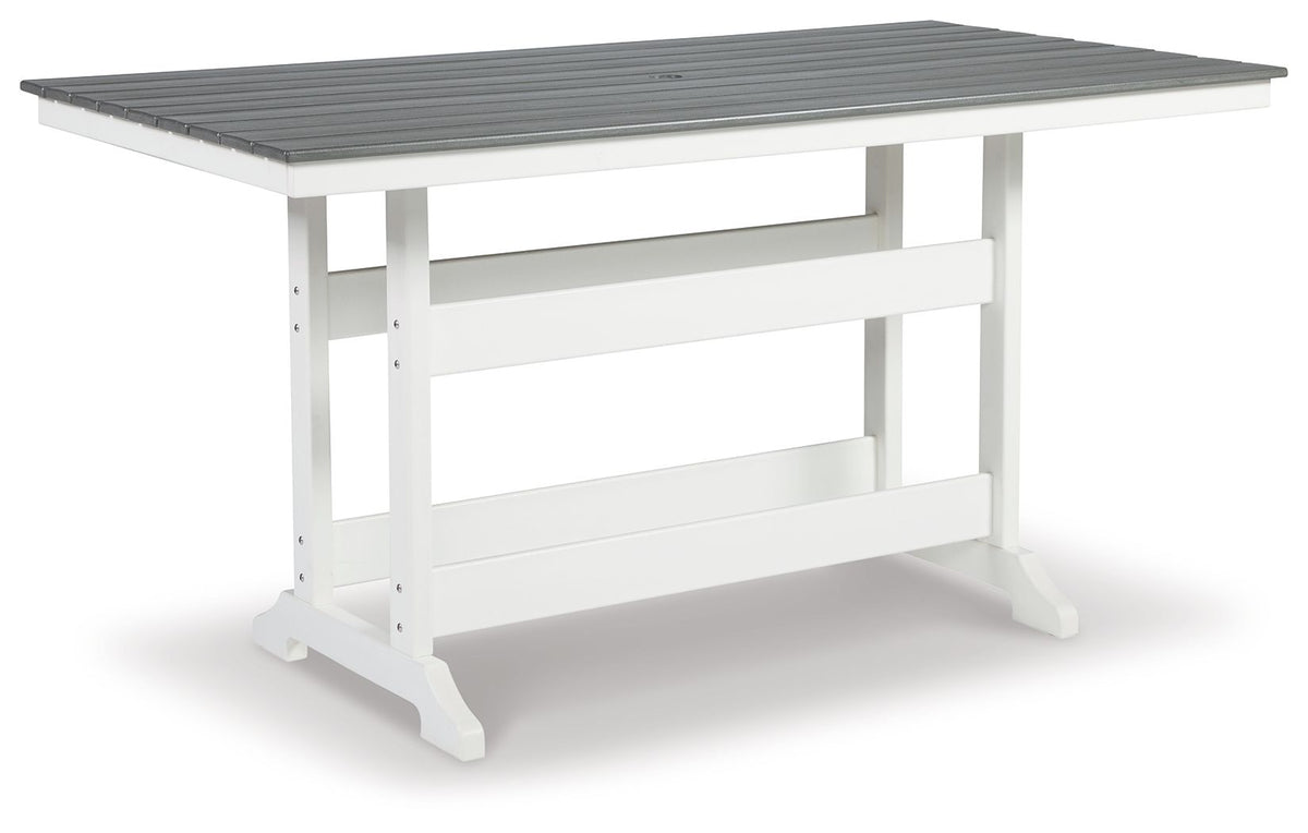 Rectangular counter table with gray slatted top and white frame, umbrella opening