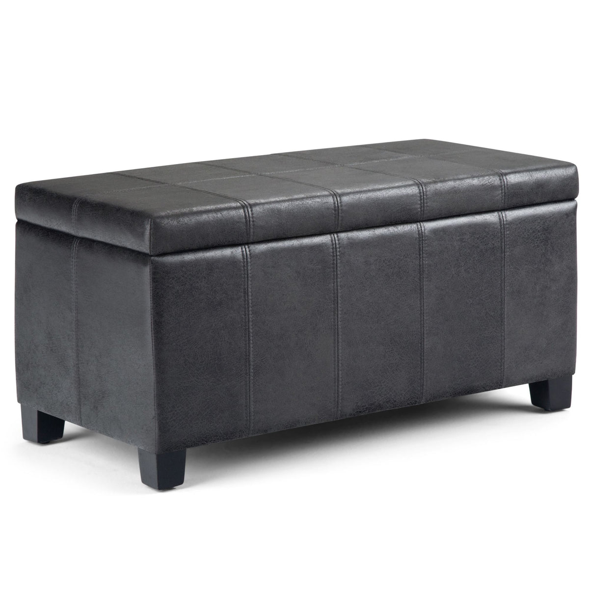 Black storage ottoman bench with tufted top panels and square tapered legs